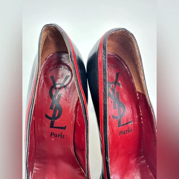 Vintage YSL Yves Saint Laurent Paris Shoes Black High Heel Pumps Red Trim 10 - Picture 11 of 11